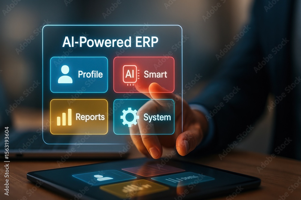 Poster businessman interacting with ai-powered enterprise resource planning system on tablet screen