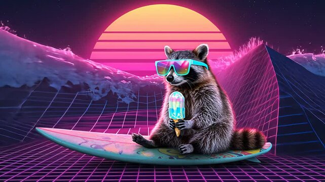 Cool raccoon wearing sunglasses and eating an ice cream cone, sitting on a surfboard in a retro vibrant sunset ocean, footage.
