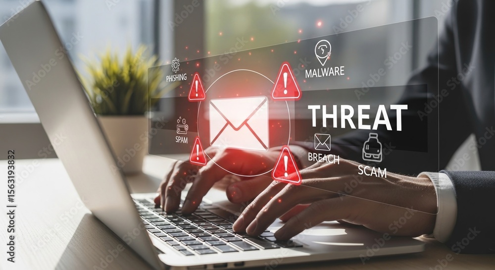 Poster digital cybersecurity threat alert on laptop screen with email and malware icons
