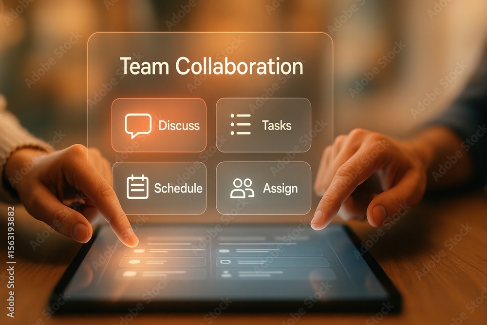 Poster Team collaboration digital interface on tablet with discuss tasks schedule assign icons