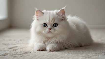 A fluffy white cat with blue eyes is lying on a carpet, looking directly at the viewer.