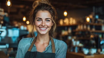Happy attractive enthusiastic small business owner standing in her coffee shop in her apron looking at the camera with a beaming smile of welcome, no logos, no brands