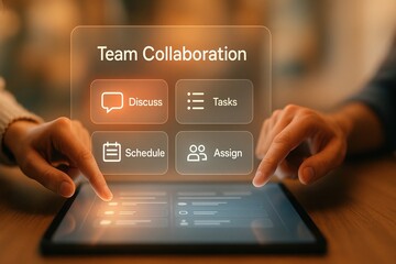 Team collaboration digital interface on tablet with discuss tasks schedule assign icons