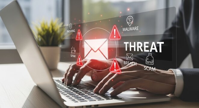 Digital Cybersecurity Threat Alert on Laptop Screen with Email and Malware Icons - Powered by Adobe