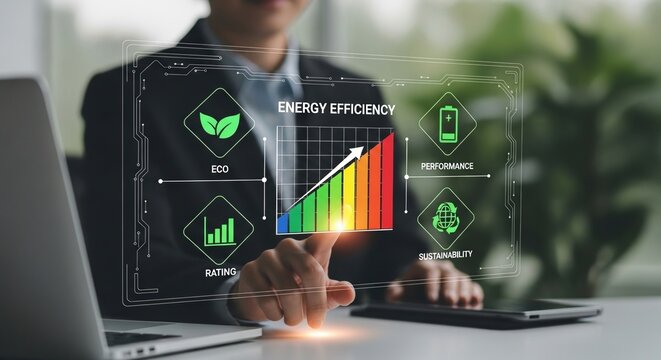 Modern digital interface showcasing energy efficiency sustainability and performance metrics - Powered by Adobe