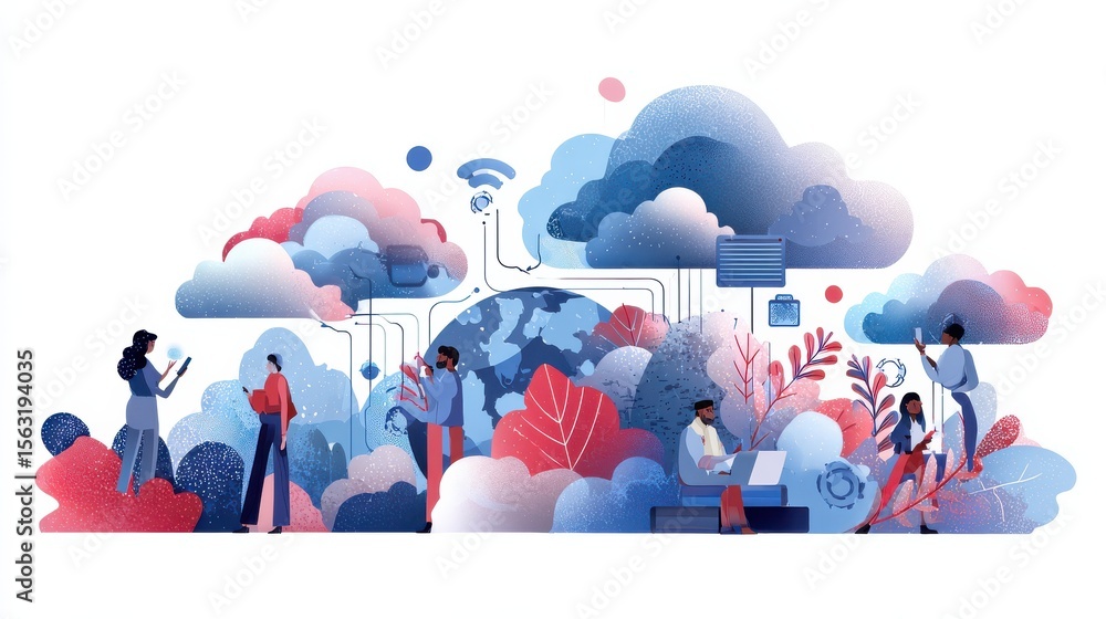 Poster global communication abstract concept vector illustration set. cloud management, cross-platform soft