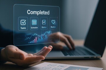 Modern digital transparent interface display of project completion dashboard with productivity icons