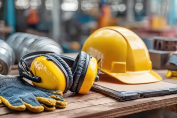 Fototapeta premium Safety training workplace knowledge concept. Safety equipment including hard hat, gloves, and headphones on a workbench.
