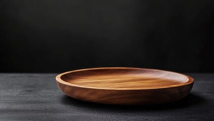Empty wooden platter on dark surface