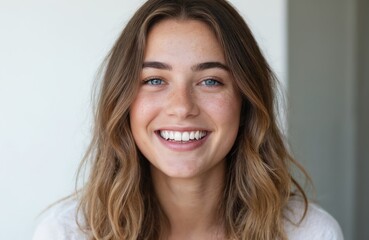 Smiling young woman with natural beauty, bright blue eyes. Joyful, positive expression radiates happiness, youth. Fresh skin with freckles. Perfect healthy teeth, natural wavy hair. Casual portrait