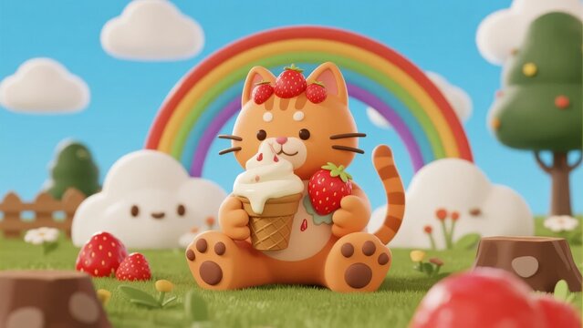 Cute cartoon cat holding an ice cream cone under a rainbow in a whimsical garden setting - Powered by Adobe