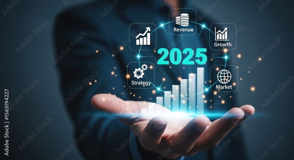 Poster businessman holding digital 2025 growth analysis chart with icons and data visualization