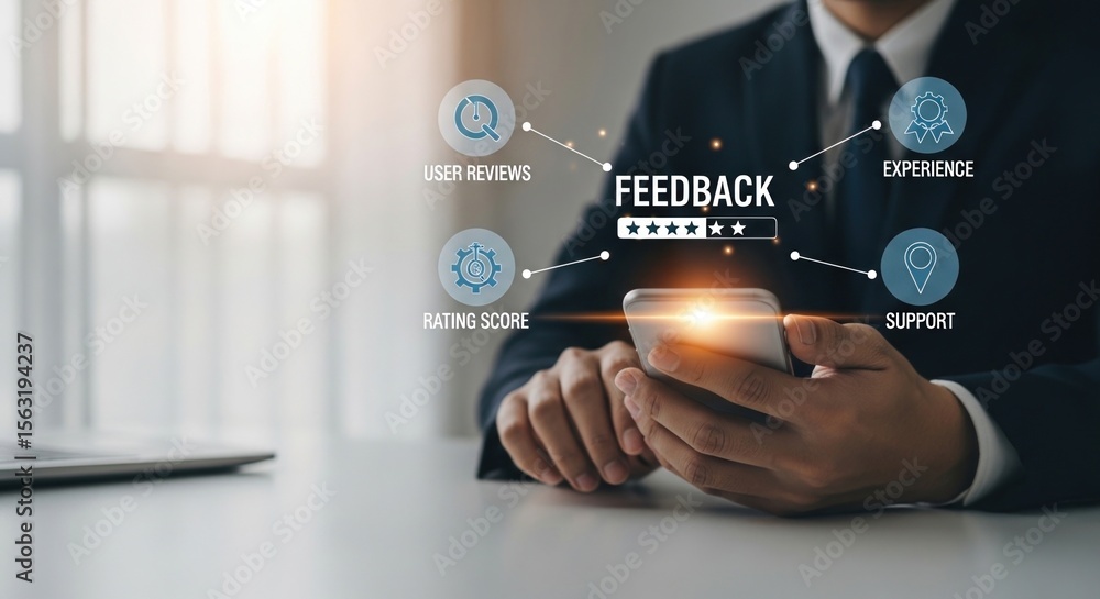 Poster businessman using smartphone for customer feedback review survey and support