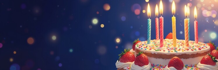 Illustration of colorful birthday cake with lit candles, strawberries on dark blue bokeh background. Dessert for party, celebration, anniversary. Sweet food decoration. Holiday confectionery with