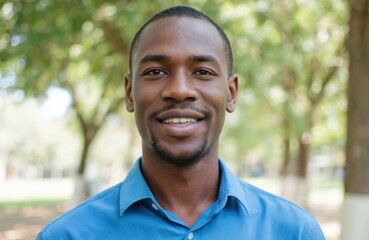 Handsome black african man smiling outdoors. Cheerful young male with afro smiling at camera. Confident businessman stands outside in casual shirt. Happy person enjoying day.