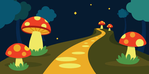 Obraz premium Cartoon Glowing Mushrooms Lighting A Forest Trail
