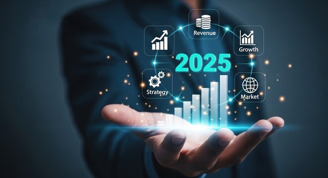 Businessman holding digital 2025 growth analysis chart with icons and data visualization