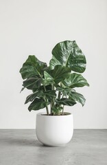 Houseplant in white pot against neutral wall background. Green leaf plant creates fresh natural feel. Clean interior decor element, minimalist design for home, apartments. Copy space for text or logo.