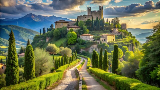 A majestic castle sits atop a hill overlooking a charming village nestled among rolling green hills and cypress trees at sunset