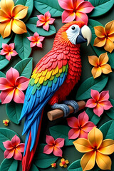 Vibrant colours parrot bird on colorful flower background relief