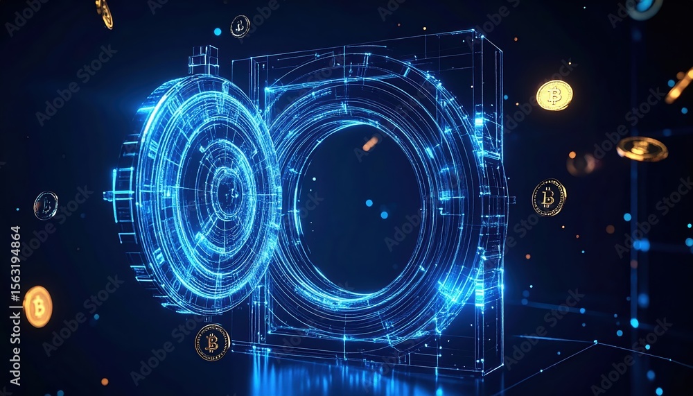 Poster futuristic digital hologram interface with glowing blue circular elements and floating cryptocurrenc