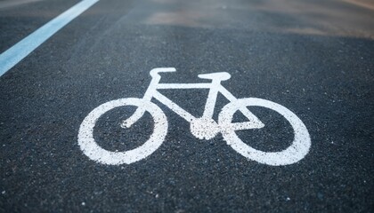 Close-up of fresh white bicycle lane symbol on smooth asphalt road. Clear paint design indicates bike path. Transportation infrastructure for city cyclists. Cycle lane, bike path, city, road,