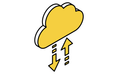 クラウドサービスでアップロード・ダウンロードするイメージのアイソメトリック線画アイコン