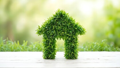 Green eco house symbol made from grass. White wooden table in front of blurred nature background. Concept of sustainable living. Environmental protection, eco-friendly home. Clean energy, nature,