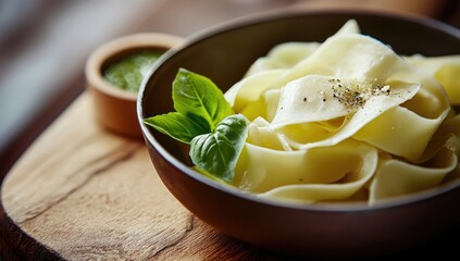 Creamy fettuccine pasta in a dark bowl, topped with fresh basil and a drizzle of olive oil, sits on a wooden board.  A small wooden bowl of pesto sauce is visible beside it