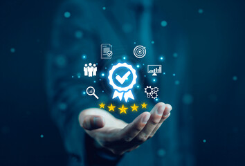 
Businessman holding quality assurance icon. Audit, business, certification, control, digital,...
