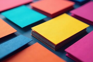 Fototapeta premium Close-up shot of unique business card styles, colorful paper , pile, design