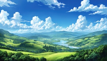Obraz premium Idyllic illustration of lush green rolling hills, river valley. Clear blue sky with cumulus clouds background. Serene peaceful nature scene, perfect for travel, tourism, environmental themes.
