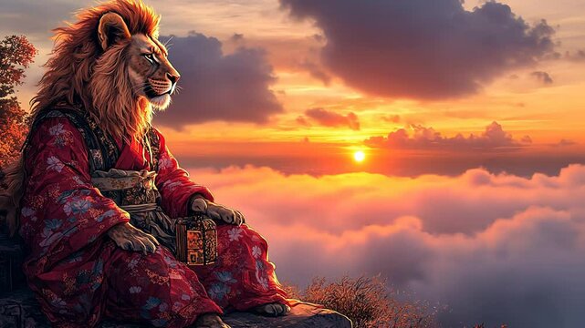 Lion wearing a kimono sitting on a mountain top above the clouds during sunset, looking at the horizon, conceptual art footage.