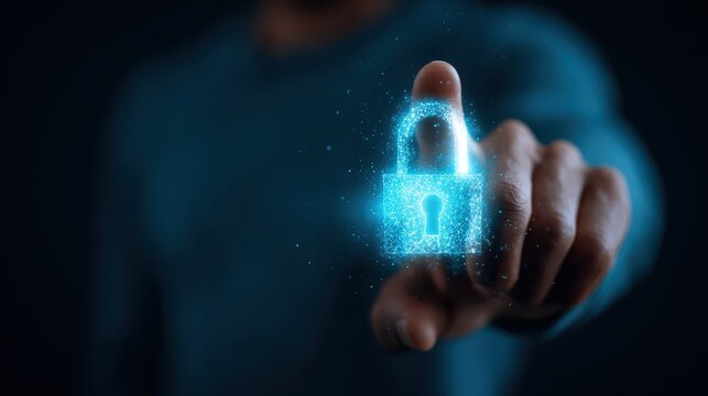 Male hand pointing at abstract glowing blue padlock hologram on blurry background. Internet, information, technology and security concept. Double exposure, no logos, no brands