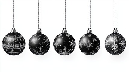 Obraz premium Elegant black and white Christmas ornaments hanging against a white background during the holiday season to create a festive atmosphere