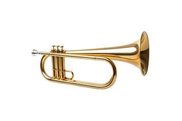 Obraz premium Polished brass trumpet with three valves and curved tubing in classic musical instrument design, isolated on a transparent background