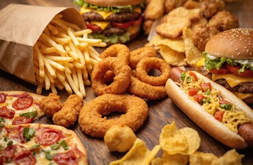 Top view shot of unhealthy junk takeaway food. Pizza, fries, burgers, hotdog, onion rings, chips on wooden table. High-calorie fastfood dinner rich in cholesterol fat.