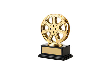 Obraz premium Golden movie reel award trophy with black pedestal base and engraving plate for recognition, isolated on a transparent background