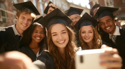 education, graduation, technology and people concept - group of happy international students in mortar boards and bachelor gowns with diplomas taking selfie by smartphone outdoors, no logos, no brand