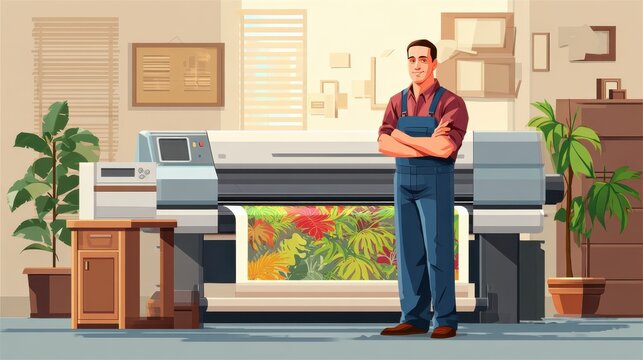 Man worker at plotter printing wide format large banner vector illustration. Printer and worker in office, printshop and polygraphy, no logos, no brands