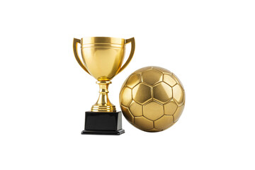 Golden trophy cup beside soccer ball, championship awards for football tournament winners, isolated on a transparent background