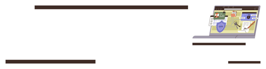 Laptop interface with folders, shield icon, magnifying glass, and checklist. Ideal for technology, cybersecurity, project management, productivity organization analysis and teamwork. Simple flat