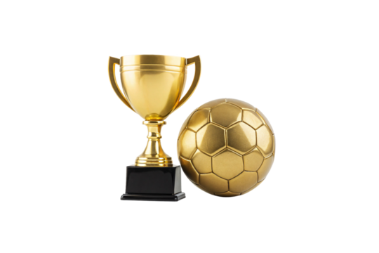 Golden trophy cup beside soccer ball, championship awards for football tournament winners, isolated on a transparent background