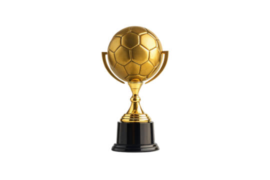 Golden soccer ball trophy with handles, football championship cup award on black base, isolated on a transparent background