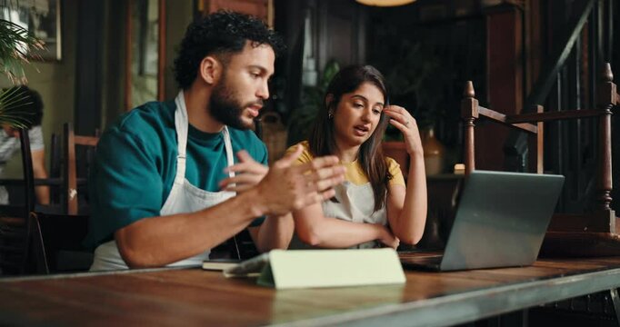 Upset, man and waitress with laptop at cafe for bad review, inventory mistake and customer complaint. Frustrated, people and stress with pc of wrong order, stock checklist and poor reputation of shop