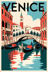 Vintage Travel Poster Venetian Canal and Gondolas,  Italy, retro Illustration