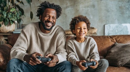 Portrait of happy African American father and son sitting in sofa couch and playing console video games together at home. Family and technology concept., no logos, no brands