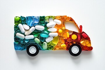 Creative use of colorful capsules to form a delivery truck design, showcasing the theme of medicine and health