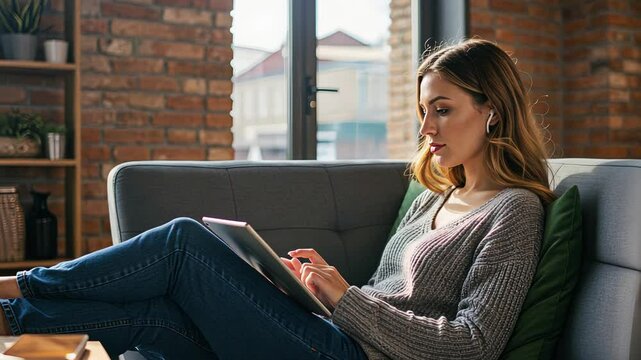Woman resting on sofa and typing on tablet. Girl browsing internet on portable device at home, online learning footage.