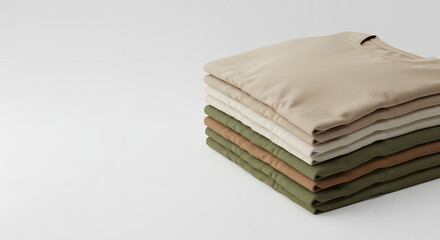 A neat stack of folded, different-colored t-shirts, neatly arranged on a white surface.